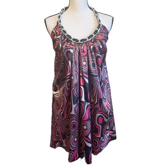 Aziz Retro Y2K Satin 60's Go-go Psychedelic Print Mini Halter Dress Women's S - Picture 1 of 10